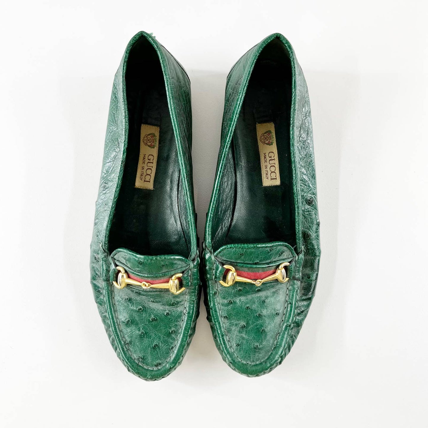 Gucci Vintage Horsebit Ostrich Leather Driving Loafers Flats Green 36 / 6