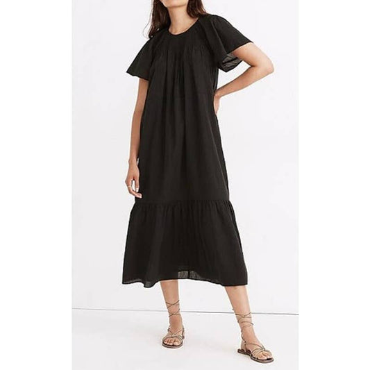 Madewell Puff-Sleeve Cotton Embroidered Smocked Midi Dress Black Small