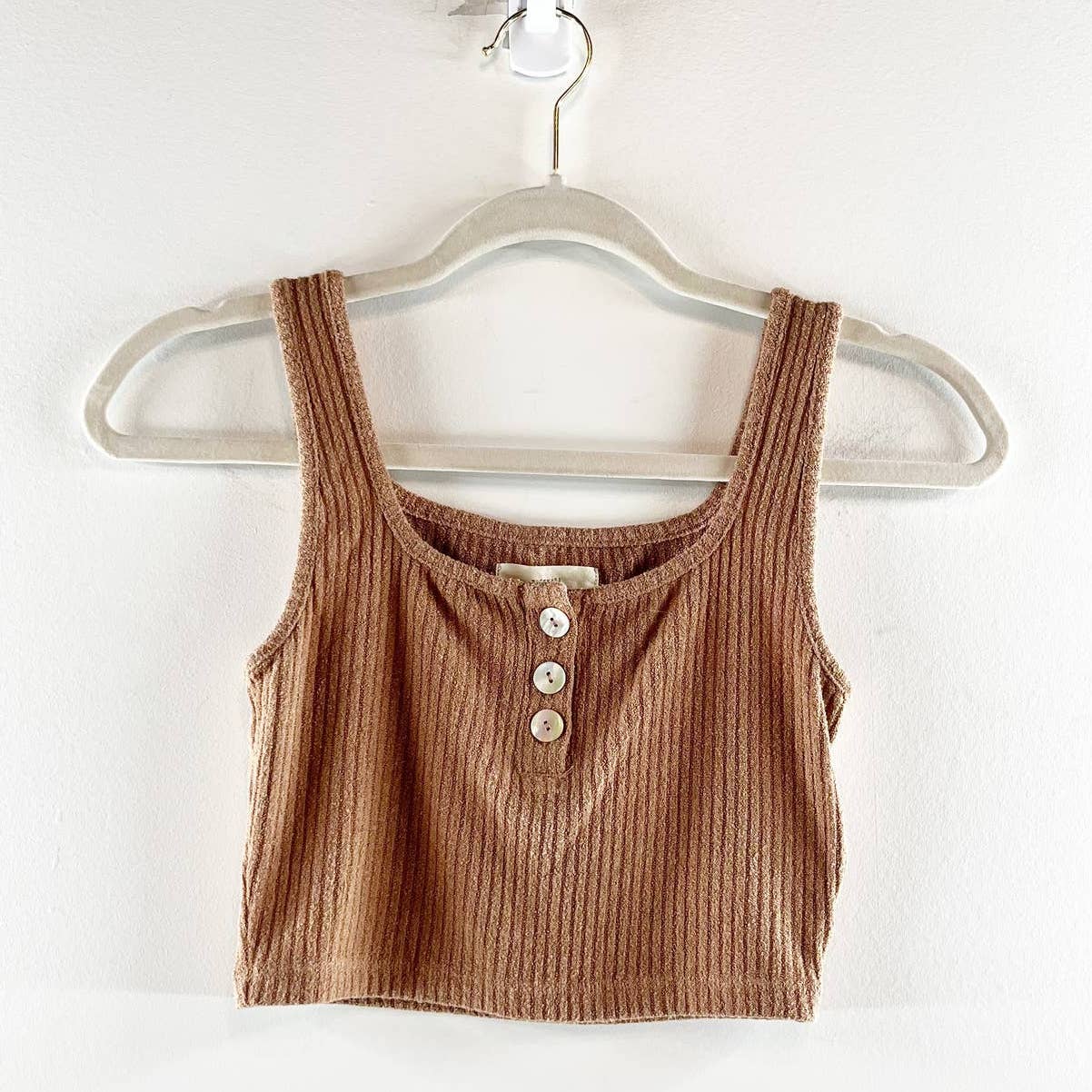 Madewell MWL Sleeveless Ribbed Knit Square Neck Henley Cropped Tank Top Brown XS