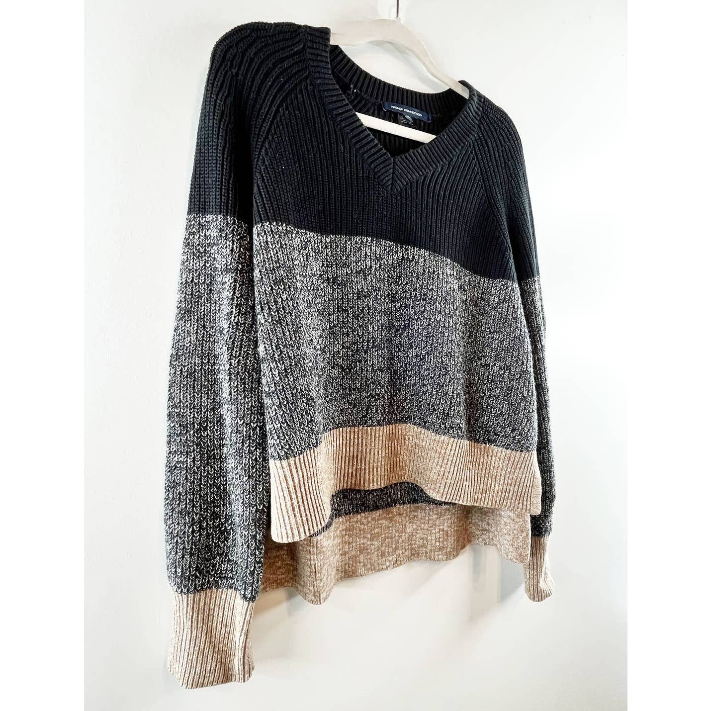 French Connection Lottie Colorblock Long Sleeve Pullover Sweater Black/Gray XS