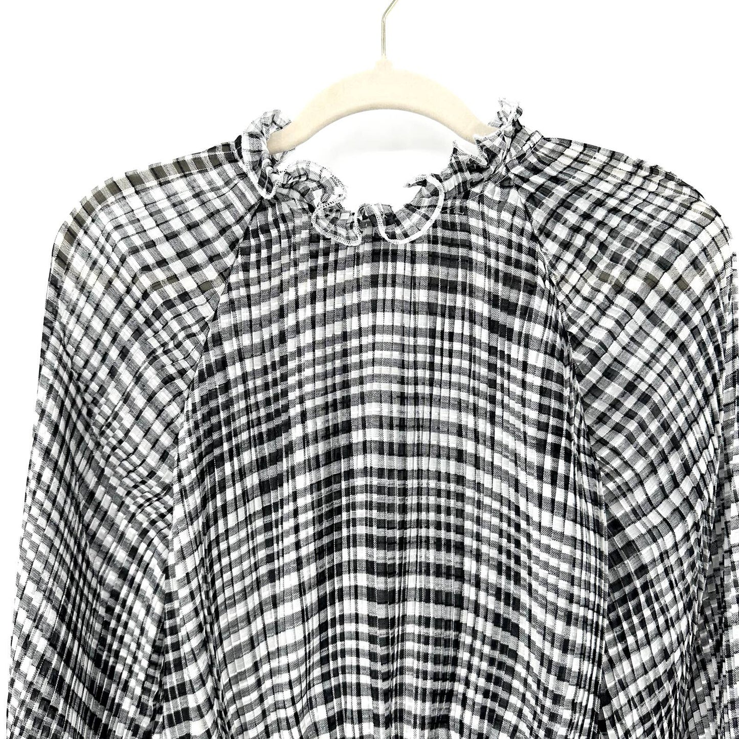 C/MEO Collective Stealing Sunshine Cropped Plisse Check Blouse Black White XS