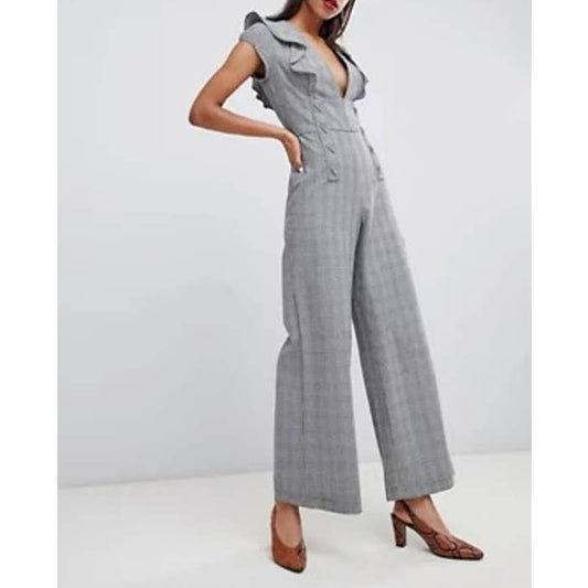 Current Air Bianca Glen Plaid Plunging V-Neck Ruffled Wide Leg Jumpsuit Gray S