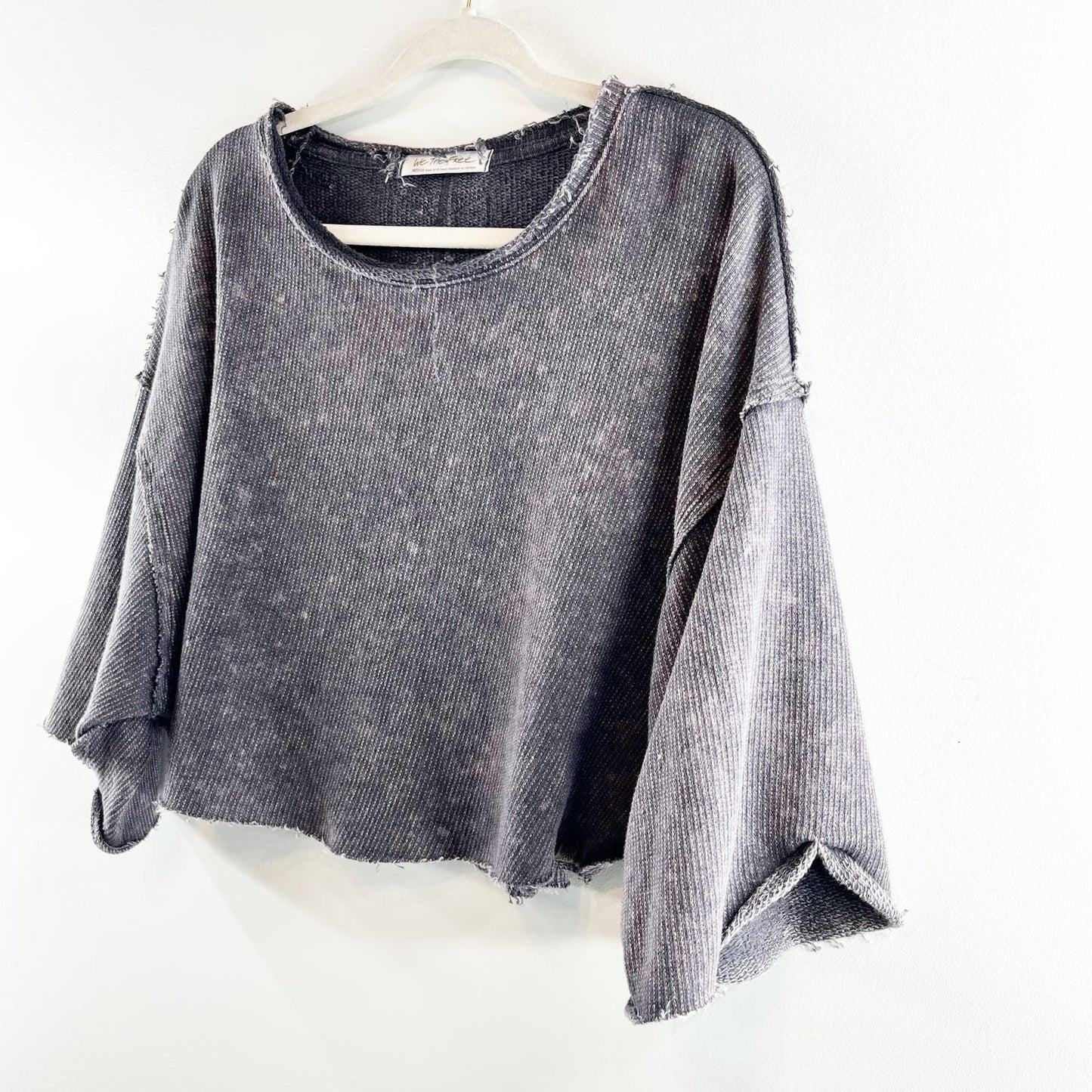 Free People Off My Mind Cropped Waffle Thermal Raw Hem T-Shirt Tee Gray Medium