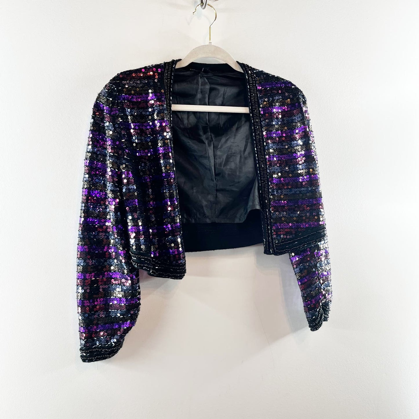 Marc Jacobs Wool Sequin Long Sleeve Cropped Bolero Purple Black Medium