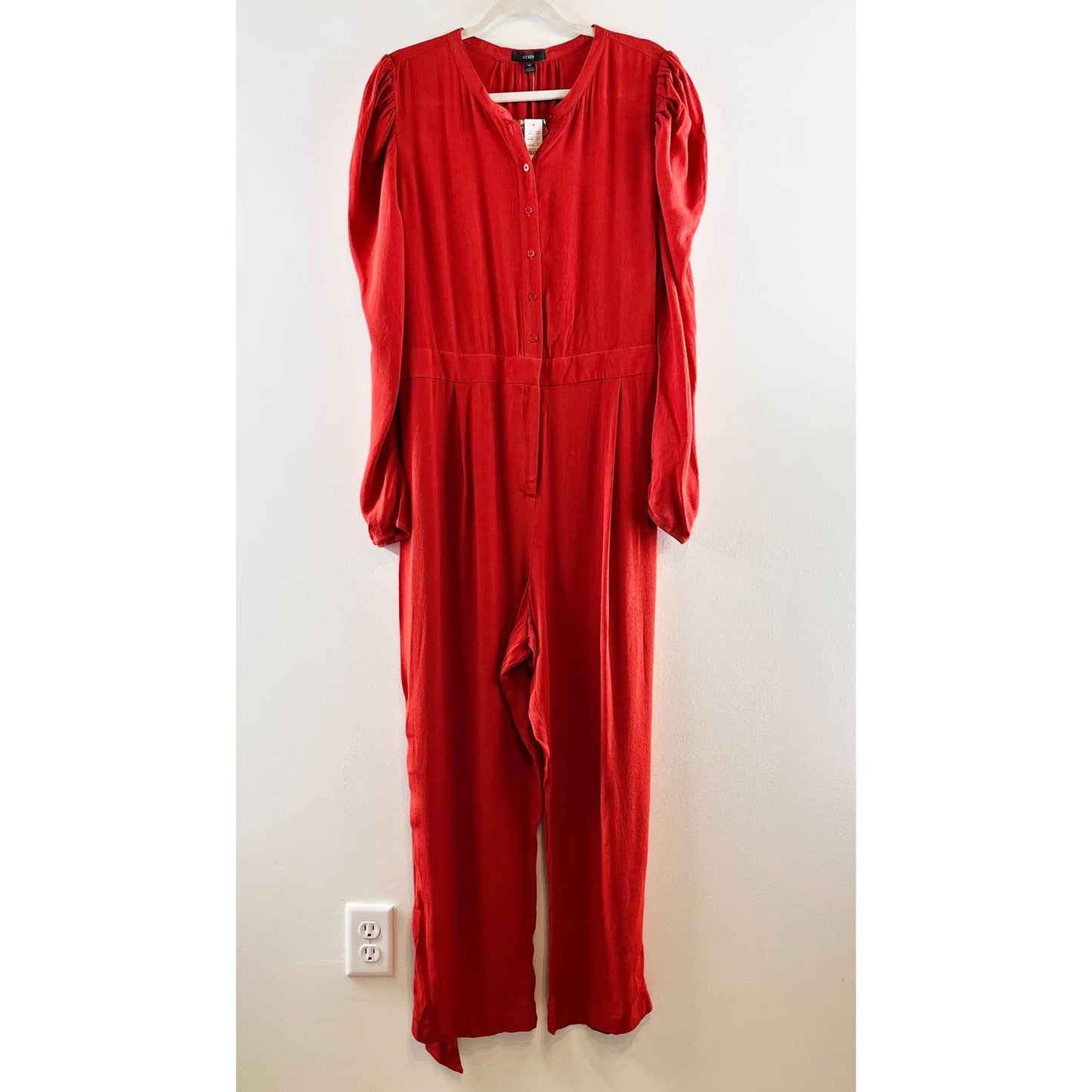 J. Crew Drapey Puff-Sleeve Tie Waist Button Front One Piece Jumpsuit Red 16 NWT