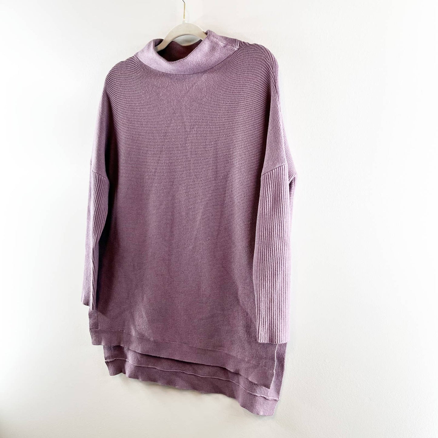 Long Sleeve Slouchy Side Slit Turtleneck Pullover Tunic Sweater Purple Small