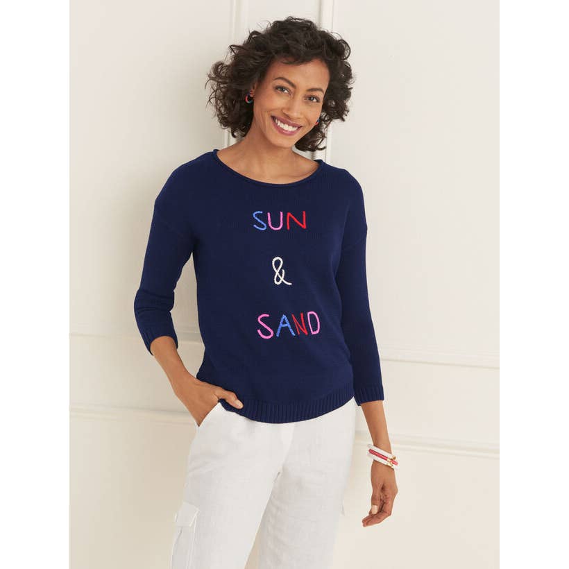 Talbots Embroidered Sun & Sand 3/4 Sleeve Roll Neck Pullover Sweater Navy Blue