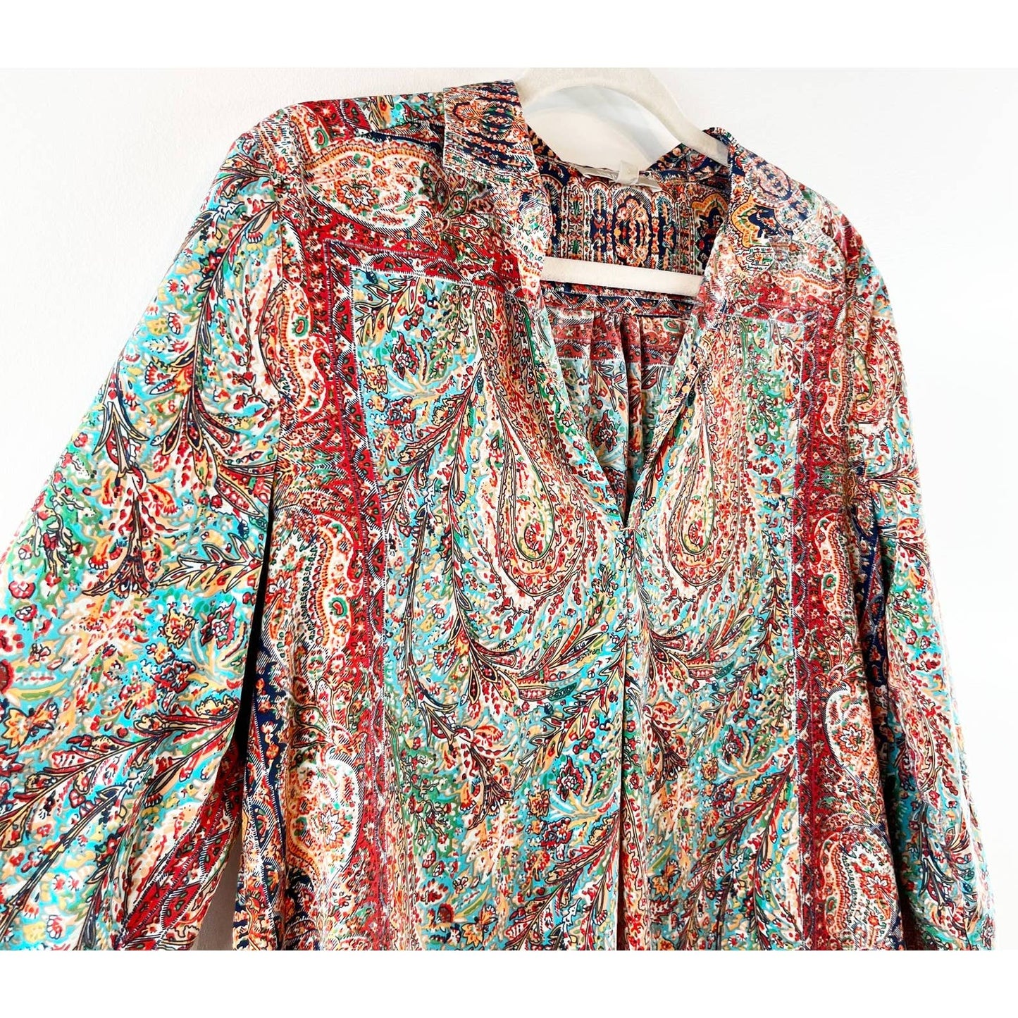 Joan Vass 3/4 Sleeve Boho Paisley V-Neck Tunic Mini Shirt Dress Multicolor Large