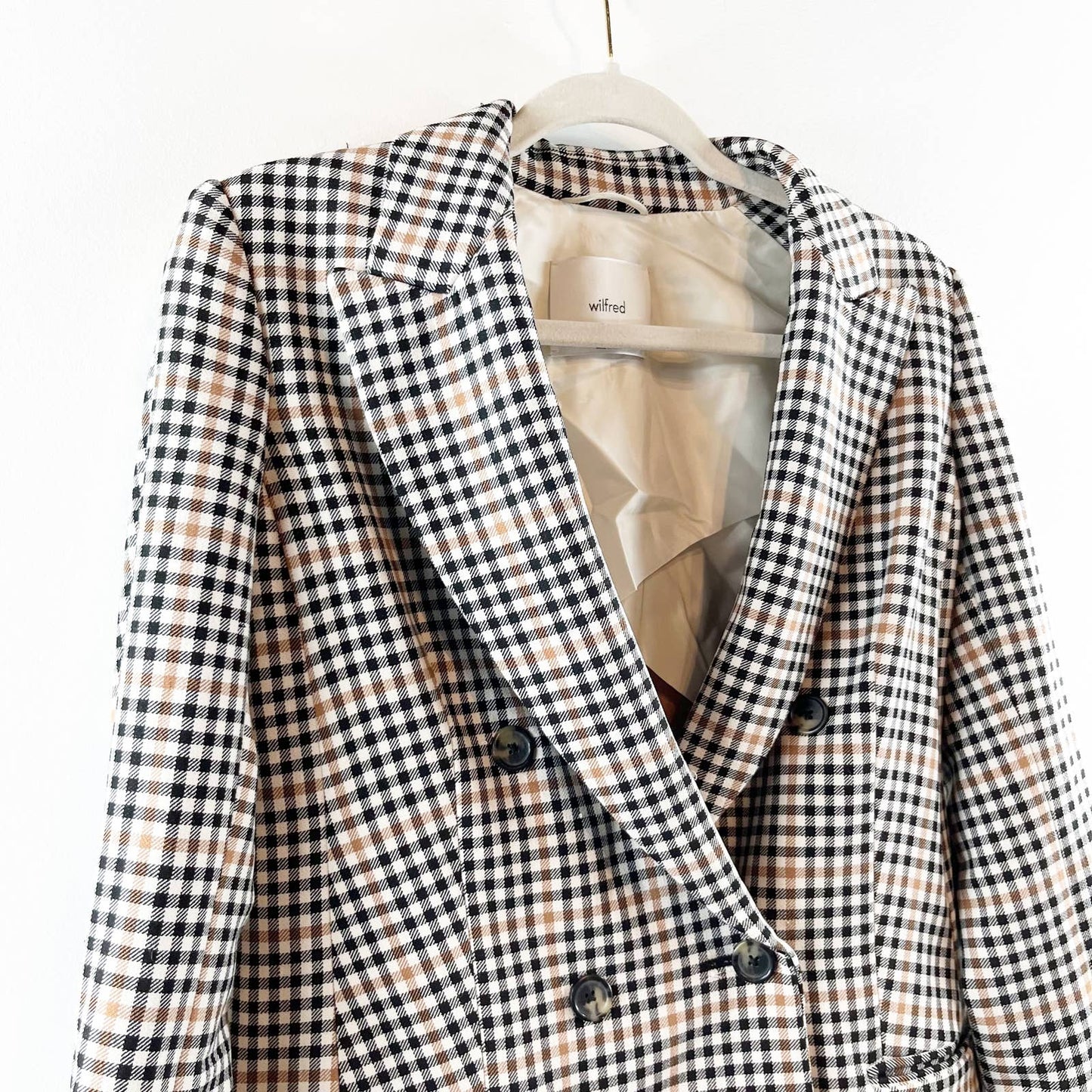 Wilfred Margaux Plaid Long Sleeve Double Breasted Blazer Jacket Tan Black 2
