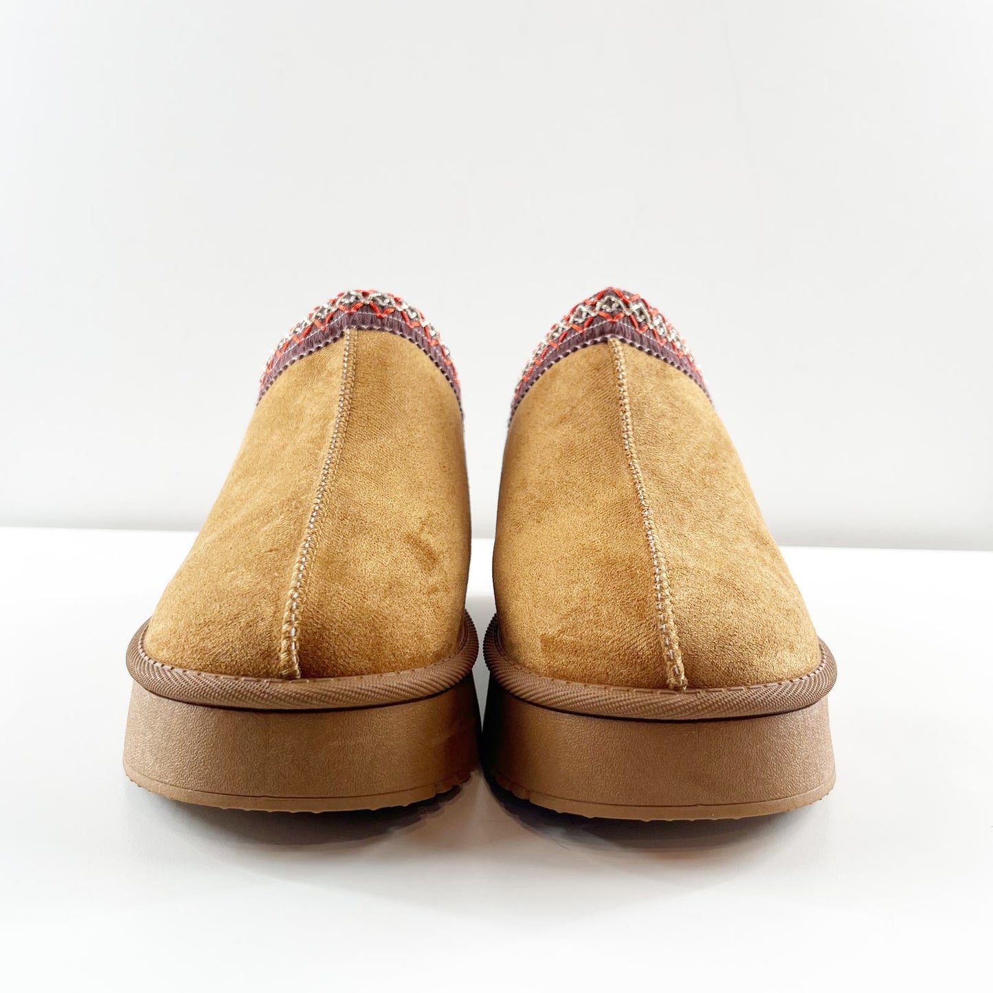 Platform Suede Slip On Embroidered Trim Mule Slippers Shoes Brown 10