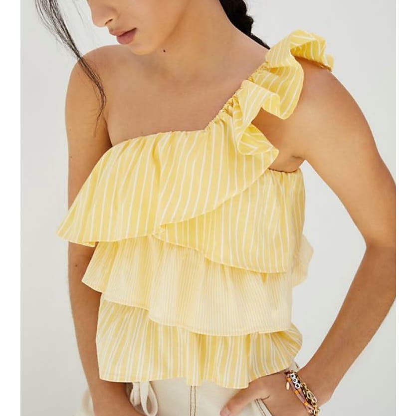 Maeve Anthropologie Striped Ruffle One Shoulder Crop Top Tank Yellow XL