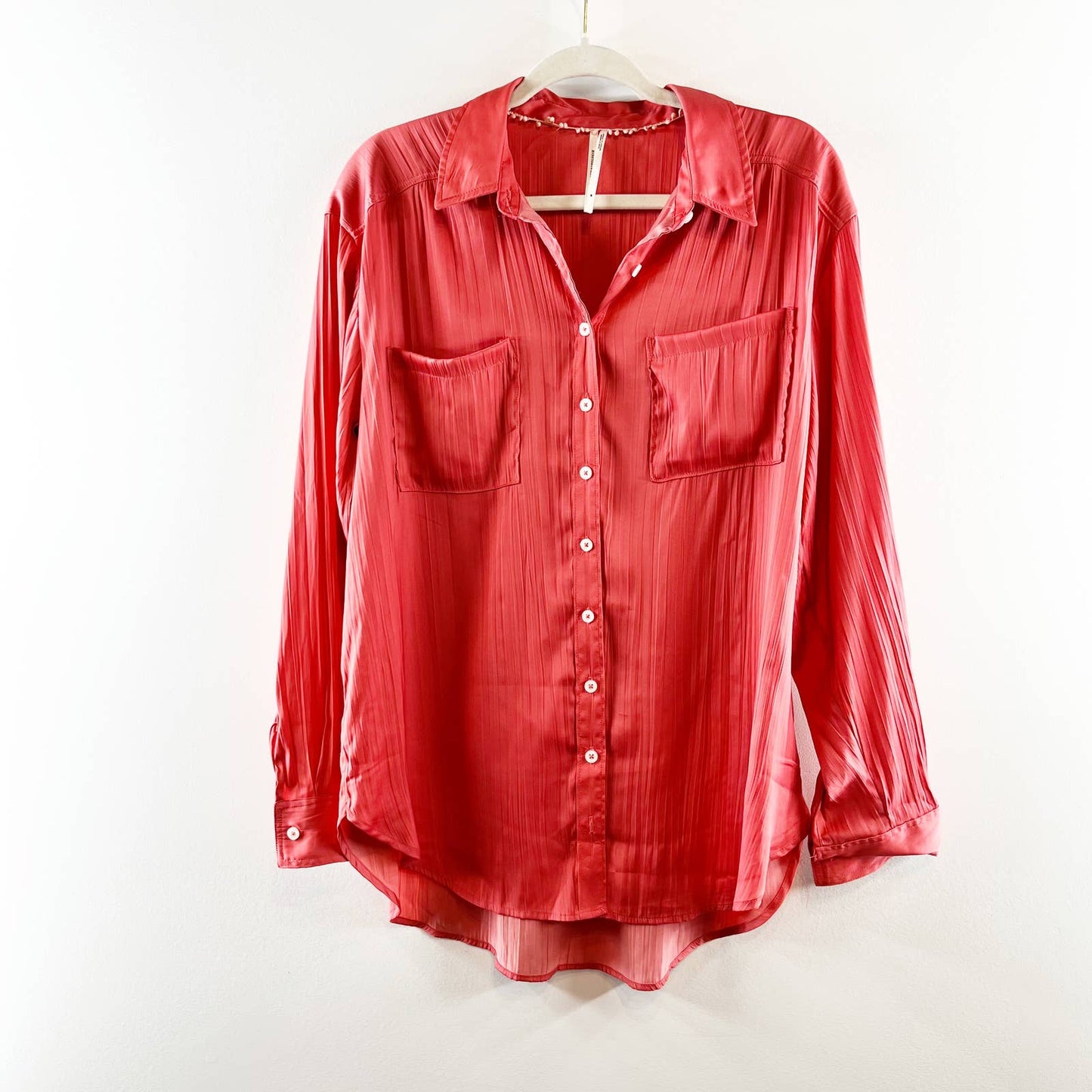 Anthropologie Button Down Collared Long Sleeve Blouse Top Pink Medium