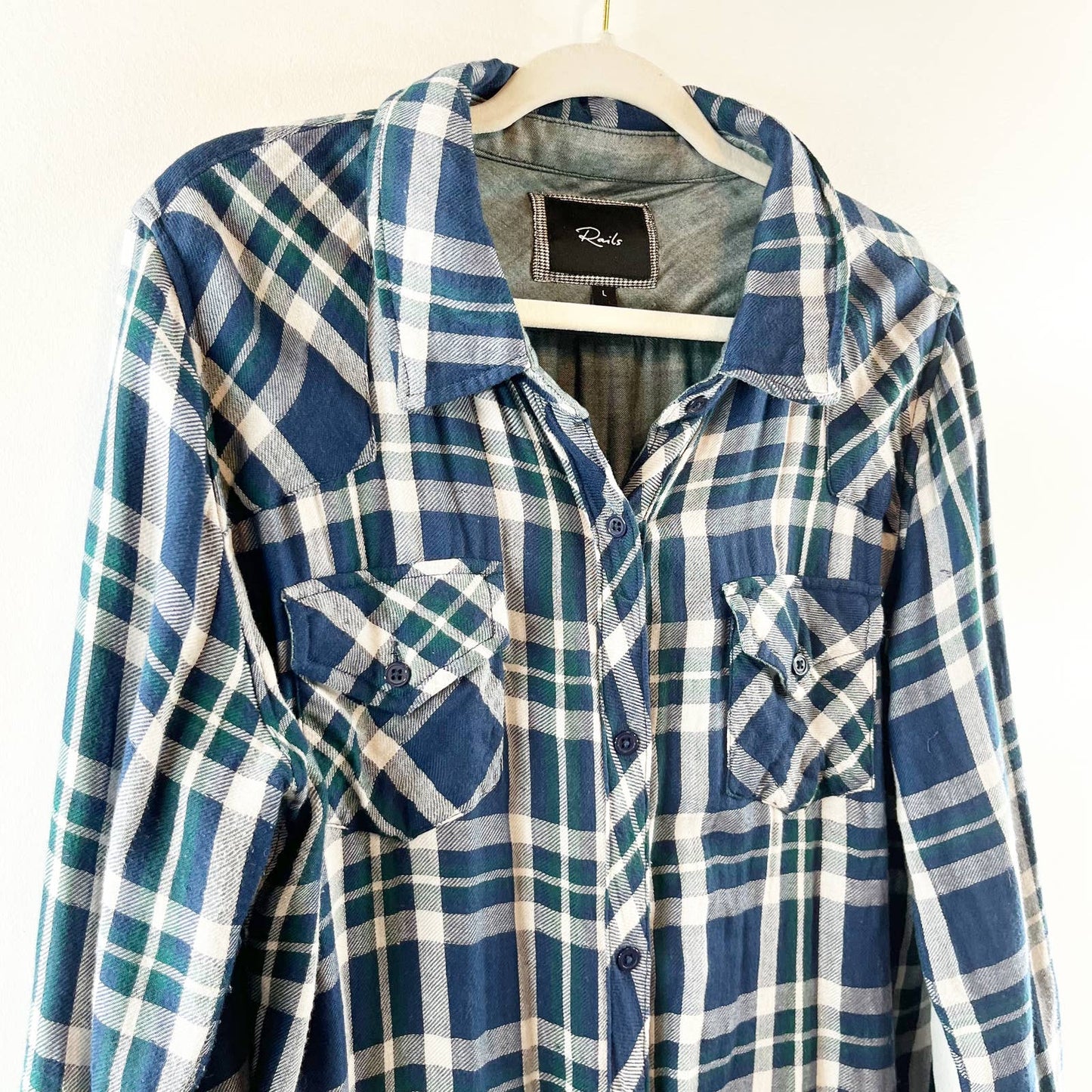 Rails Kendra Tencel Button Down Flannel Plaid Long Sleeve Shirt Navy Blue Large