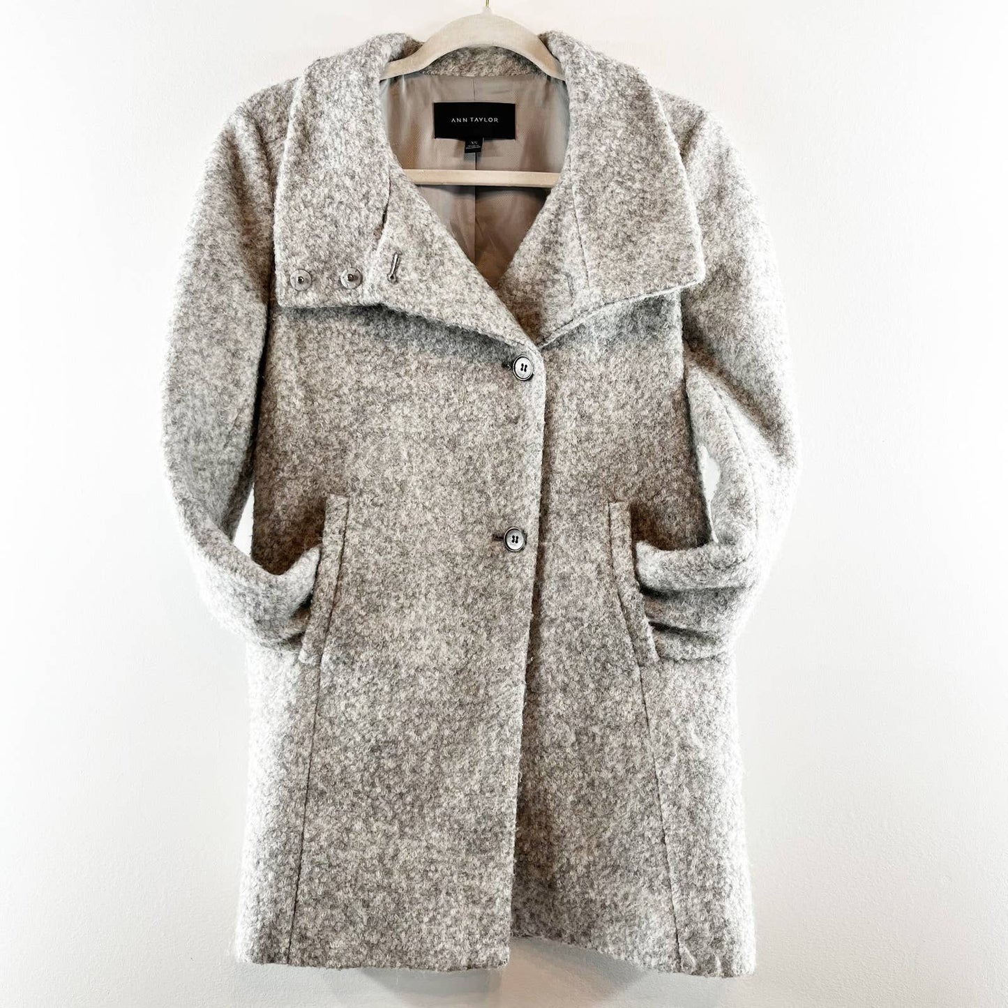 Ann Taylor Boucle Wool Long Sleeve Button Front Longline Coat Jacket Gray XS