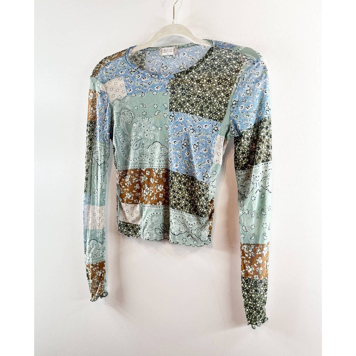 Altar'd State Patchwork Floral Long Sleeve Sheer Mesh Baby Tee Top Blue Green XS