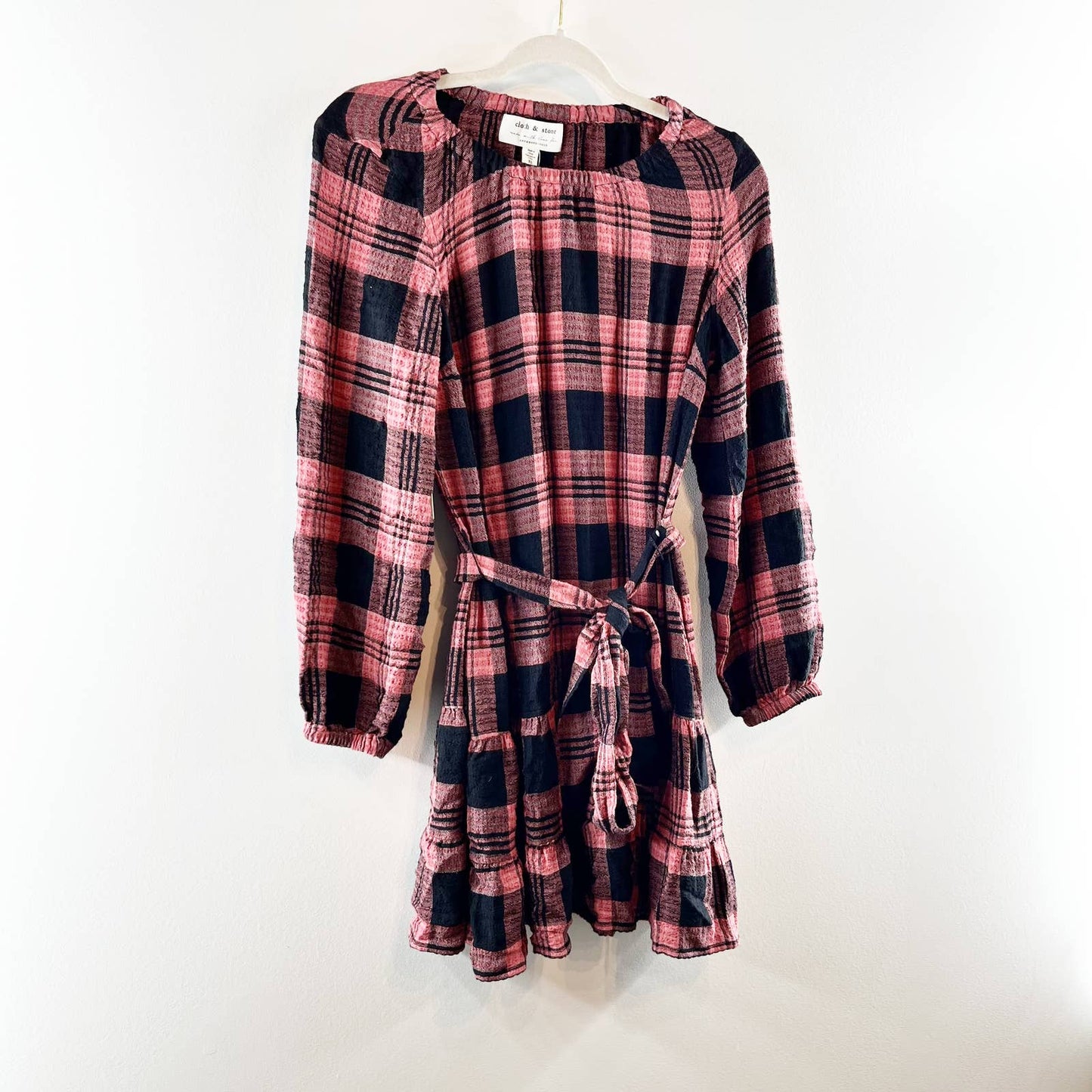 Anthropologie Cloth & Stone Long Sleeve Plaid Belted Mini Dress Pink Black XS