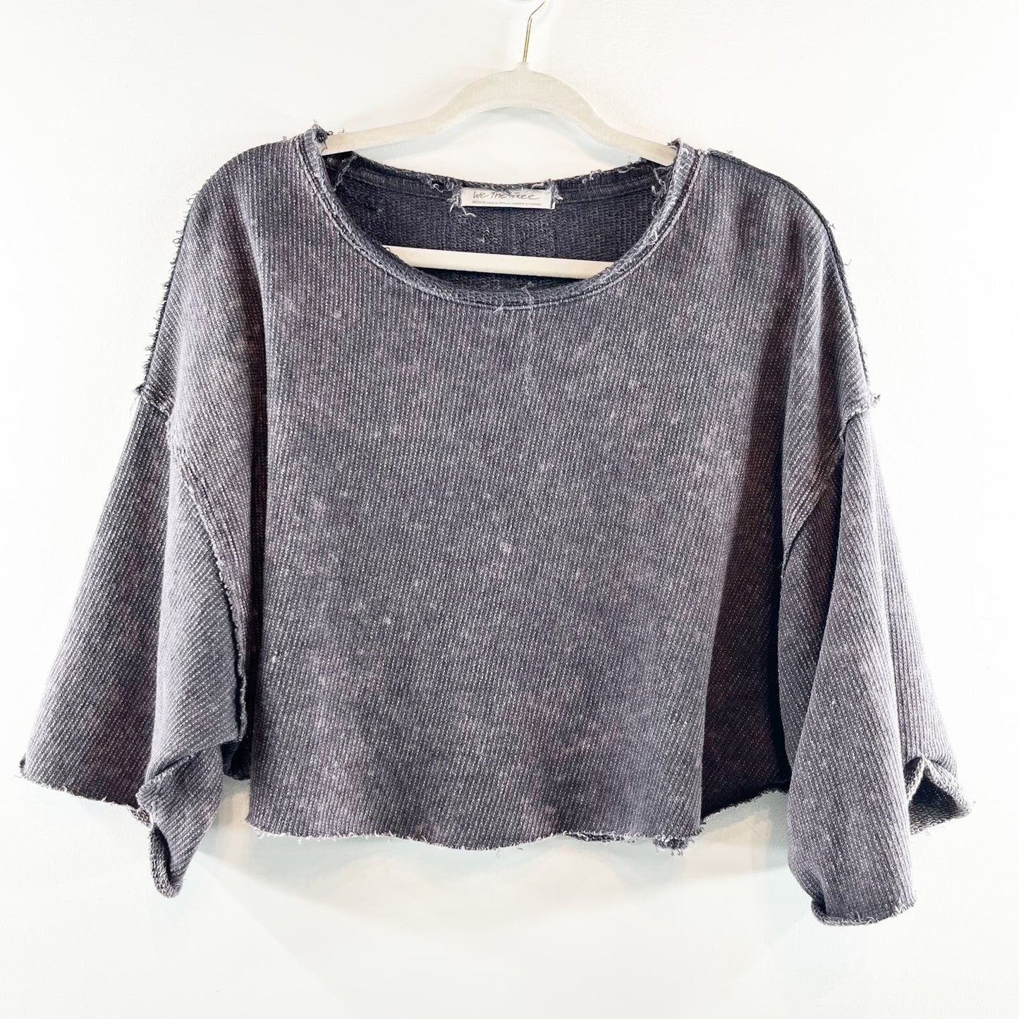 Free People Off My Mind Cropped Waffle Thermal Raw Hem T-Shirt Tee Gray Medium