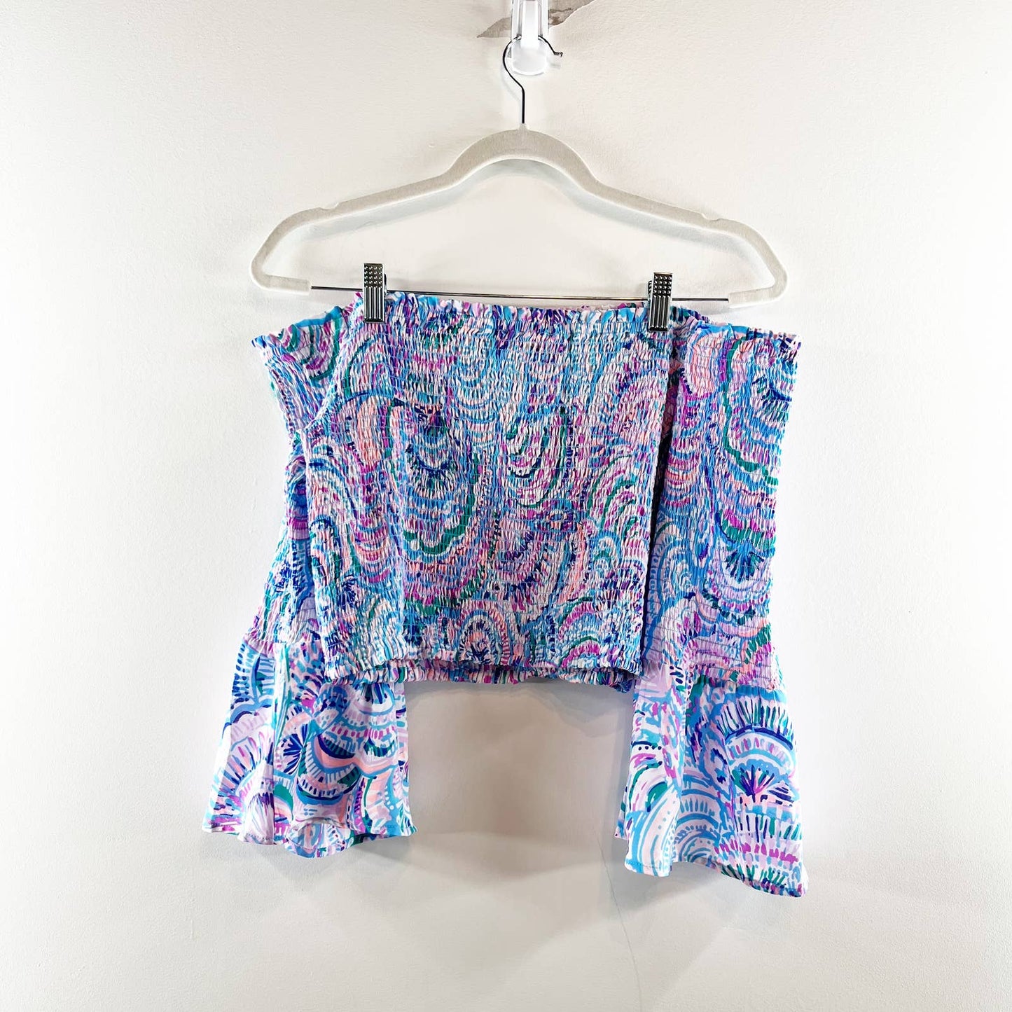 Lilly Pulitzer Soren Happy As A Clam Smocked Off-The-Shoulder Cropped Top Blue L