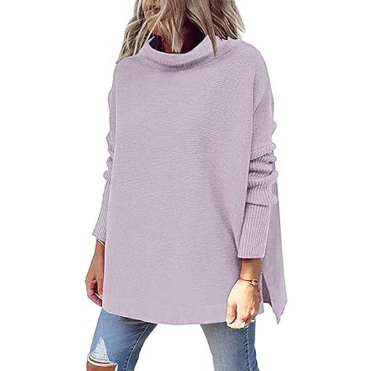 Long Sleeve Slouchy Side Slit Turtleneck Pullover Tunic Sweater Purple Small