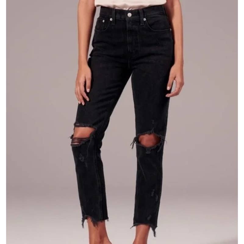 Abercrombie & Fitch Busted Knee High Rise Frayed Mom Jeans Black Wash 26 / 2s