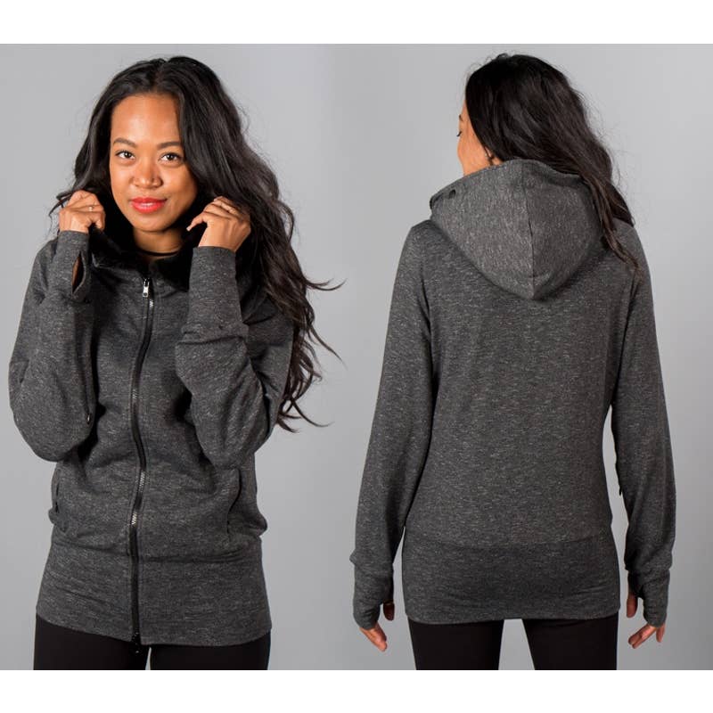 Betabrand Knockout Travel Faux Fur Long Sleeve Zip Up Hoodie Jacket Gray Medium