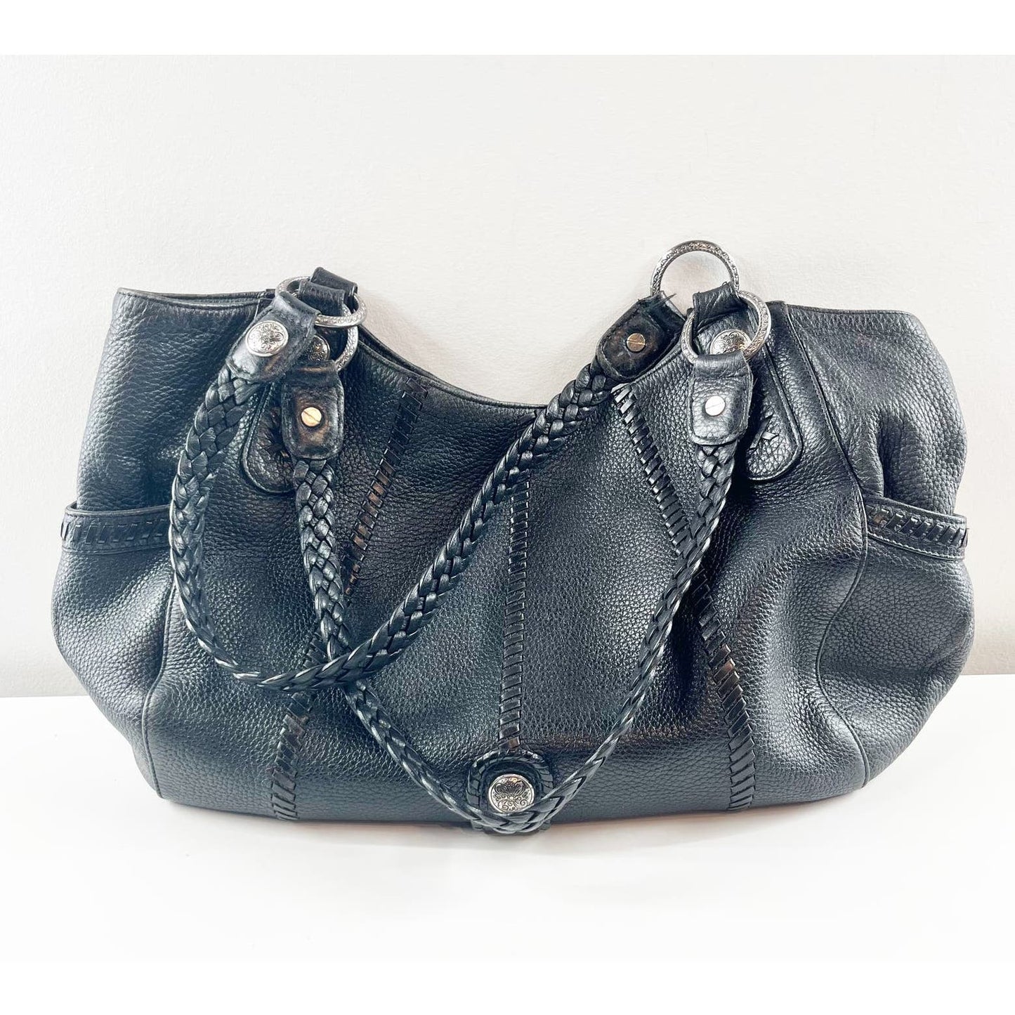 Brighton Braided Strap Leather Satchel Purse Bag Black