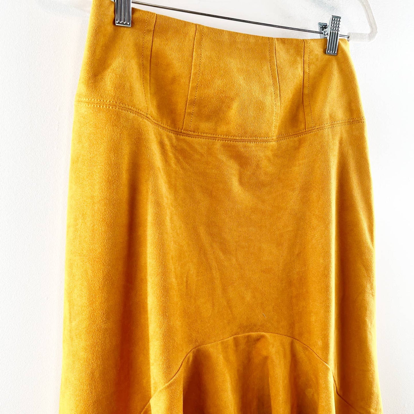 Maeve Cosima High Waisted Flounced Faux Suede Midi Skirt Mustard Yellow 4 Petite