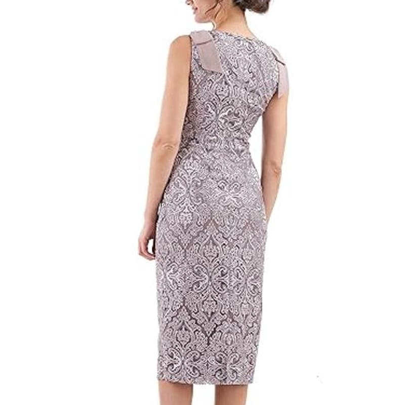 JS Collections Rachel Embroidered Bow Strap Bateau Neck Midi Dress Smoke 10 NWT