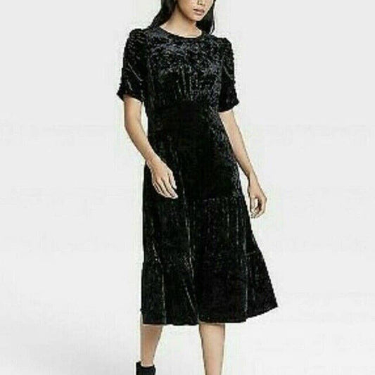 Who What Wear Velvet Holiday Short Ruched Sleeve Tiered Midi Dress Black Medium