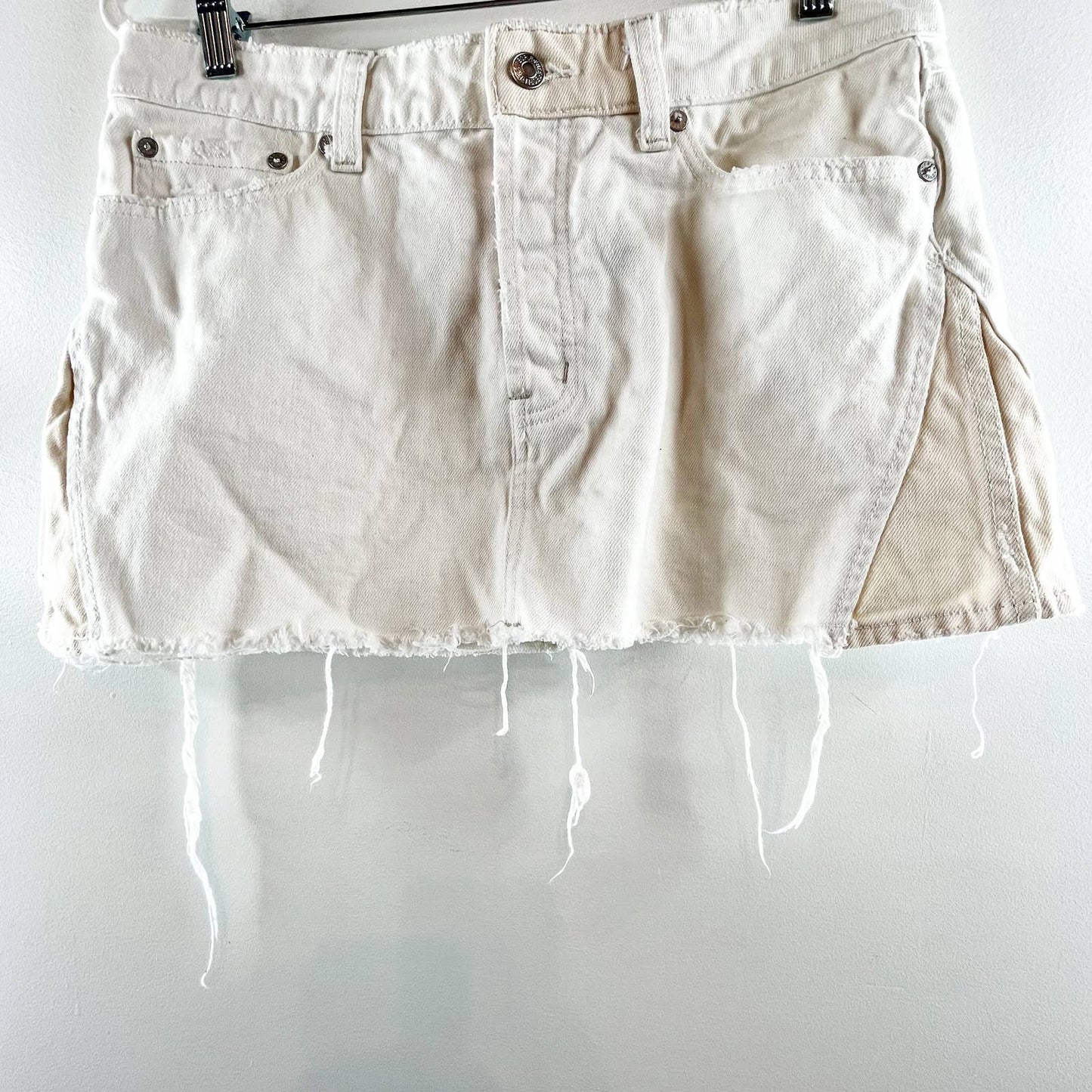 Free People Pull On Mid Rise Frayed Hem Patched Up Denim Mini Skirt White 29