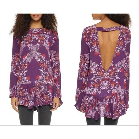 Free People Smooth Talker Floral Open Back Mini Tunic Dress Purple Small