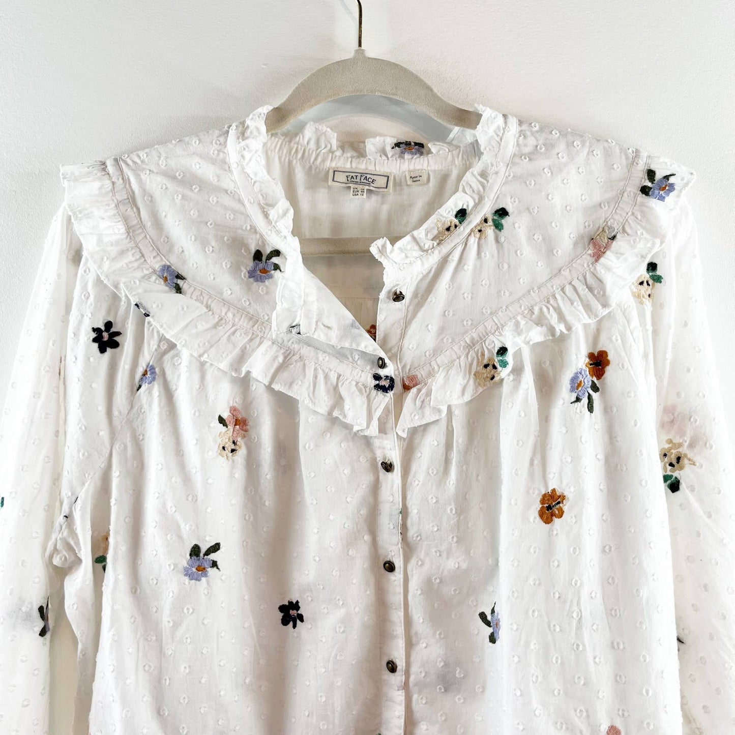 Fat Face Tara Embroidered Ruffle Neck Long Sleeve Button Up White Top 12