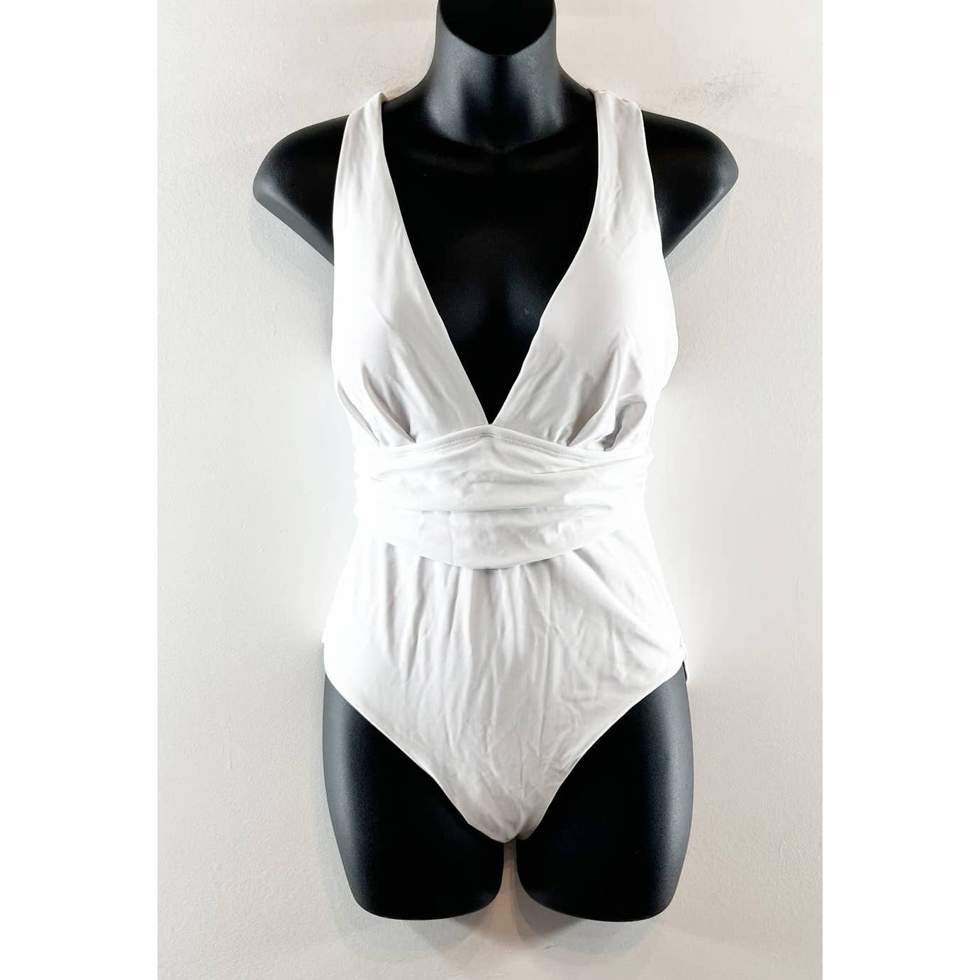 Plunge High Waisted Ruched Front Crossed Back One Piece Swimsuit White Small