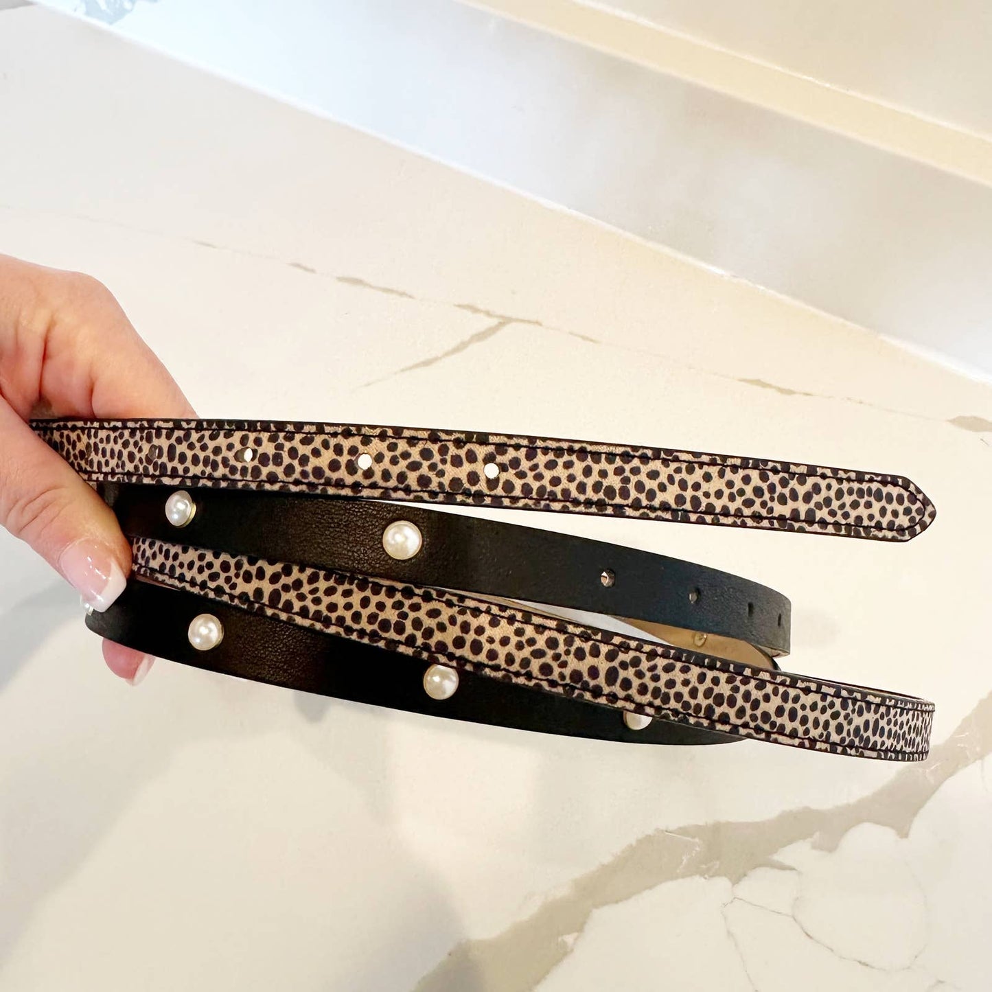Linea Pelle 2-for-1 Skinny Belt Pack of 2 Black and Cheetah Leopard Small