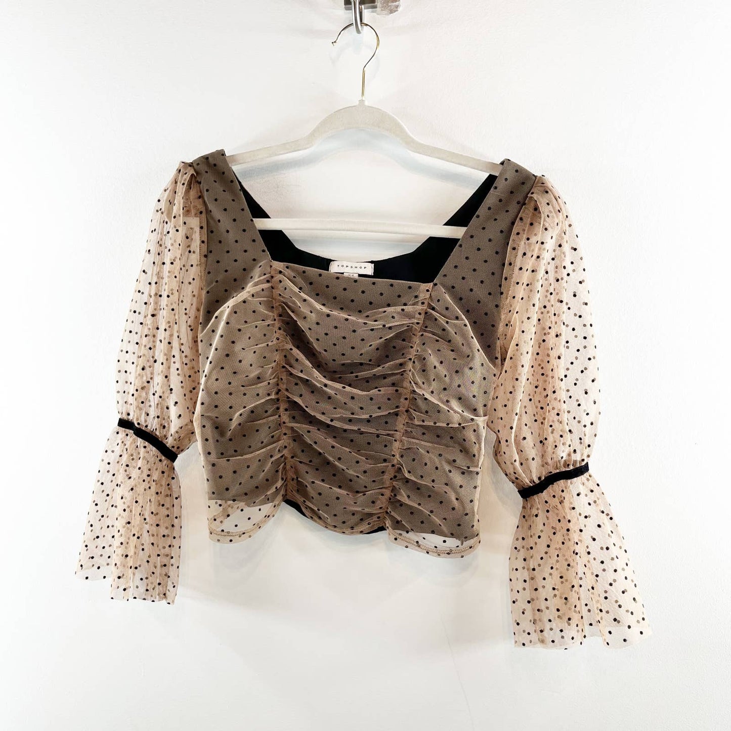 Topshop Polka Dot Puff Sheer Sleeve Square Neck Cropped Blouse Top in Beige 8