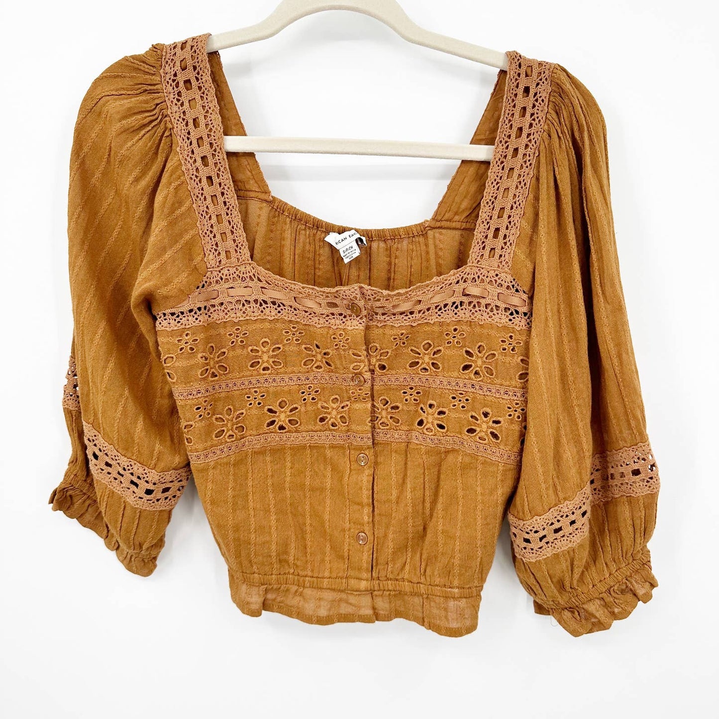 American Eagle Square Neck 3/4 Sleeve Cropped Peasant Top Brown Small