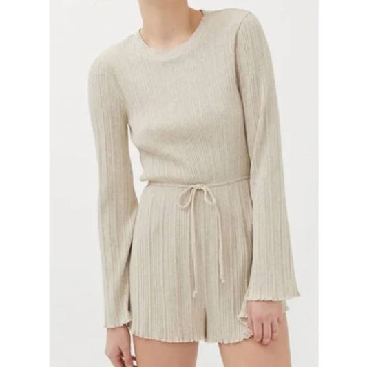 Urban Outfitters Bella Knit Flare Sleeve Ribbed Shorts Romper Beige Medium