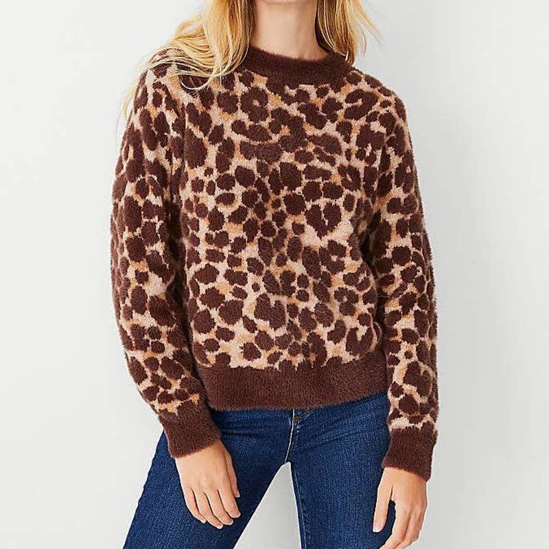 Ann Taylor Leopard Print Long Sleeve Crew Neck Sweater Washed Tan Brown Large