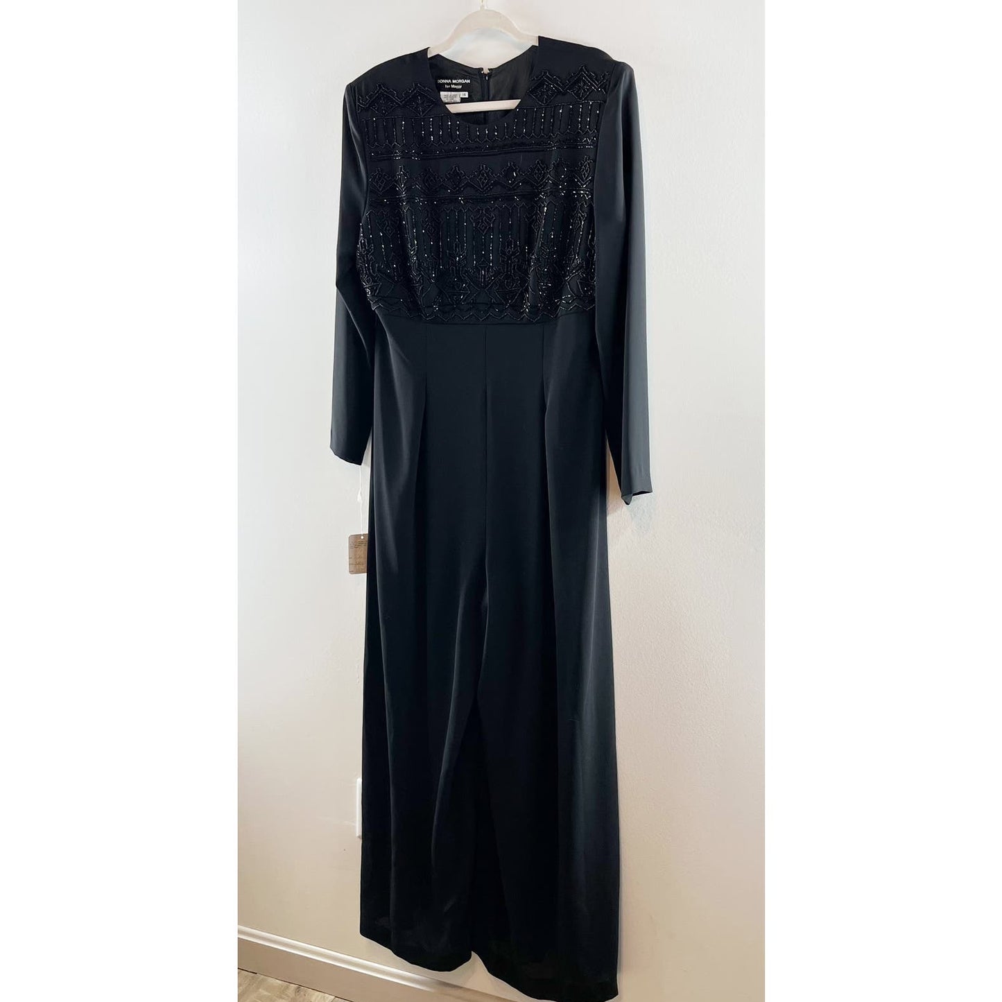 Donna Morgan for Maggy Beaded Sequin Long Sleeve Jumpsuit Black 14