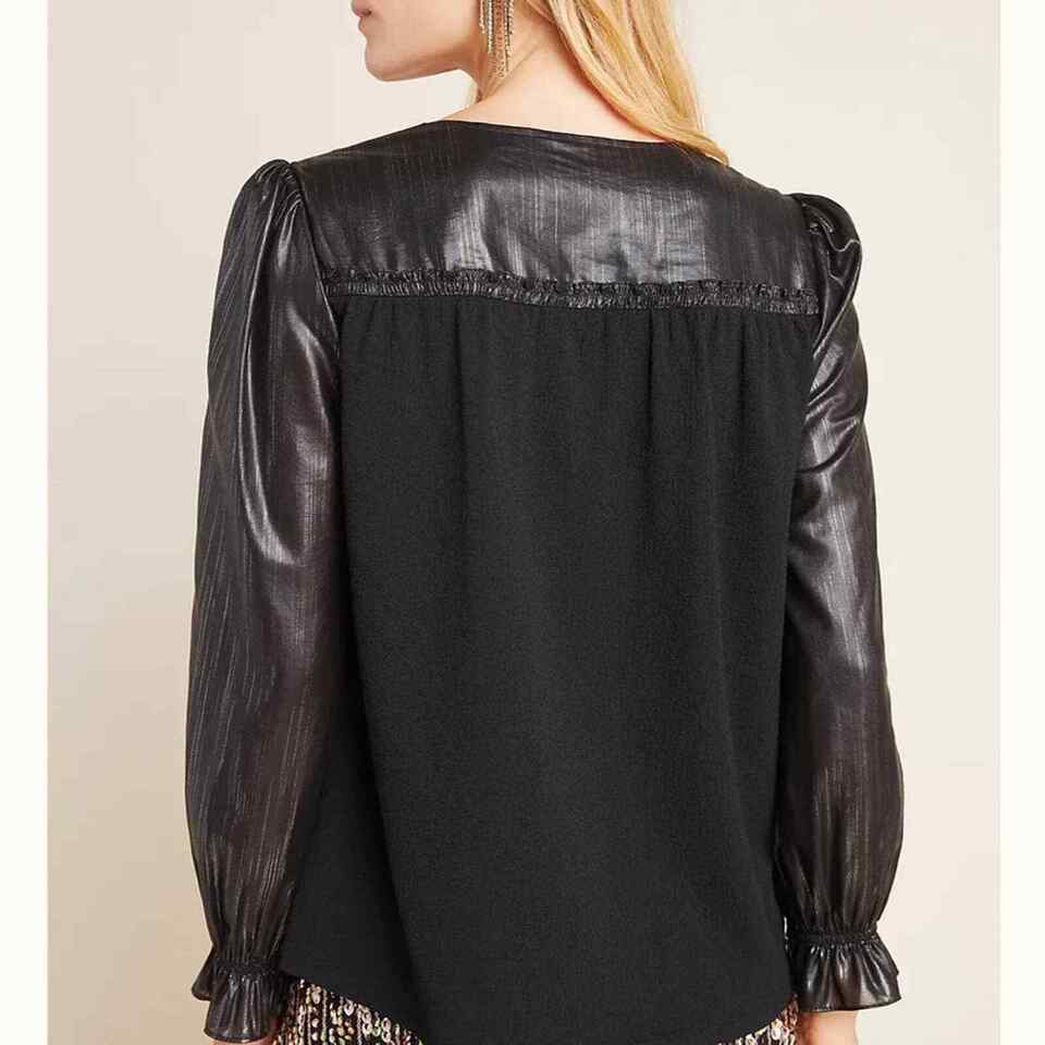 Current Air Shimmer Bristol Puffed Sleeves Spliced Neck Blouse in Black XS