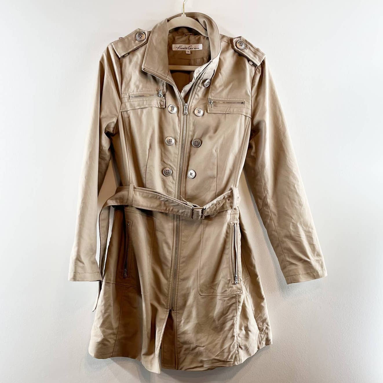 Kenneth Cole Long Sleeve Full Zip Belted Trench Coat Khaki Medium