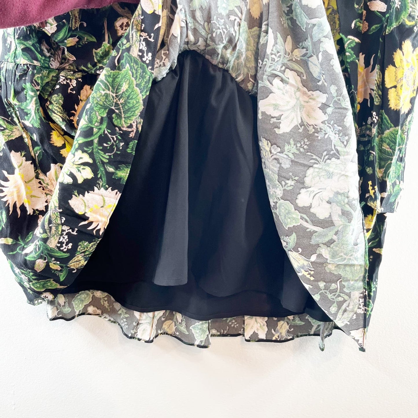 Club Monaco Floral Tiered Lined Midi Skirt Black Yellow Green 6