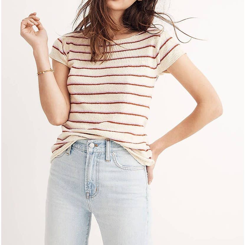 Madewell Marin Short Sleeve Sweater Tee Shirt Top in Stripe White Red Medium