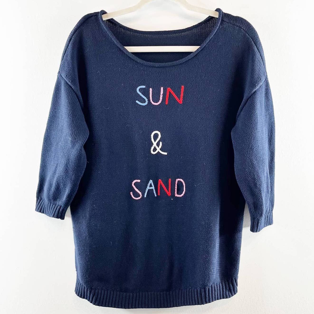 Talbots Embroidered Sun & Sand 3/4 Sleeve Roll Neck Pullover Sweater Navy Blue
