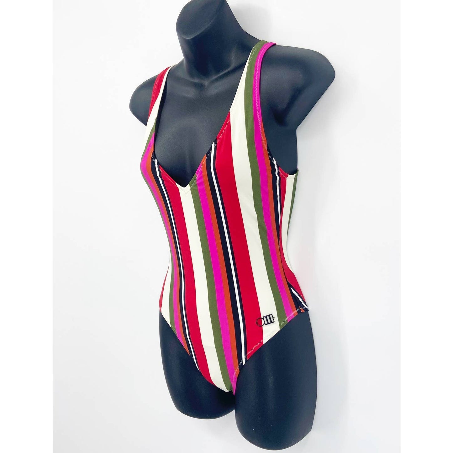 Solid & Striped V Neck Low Back Striped One Piece Swimsuit Pink Small