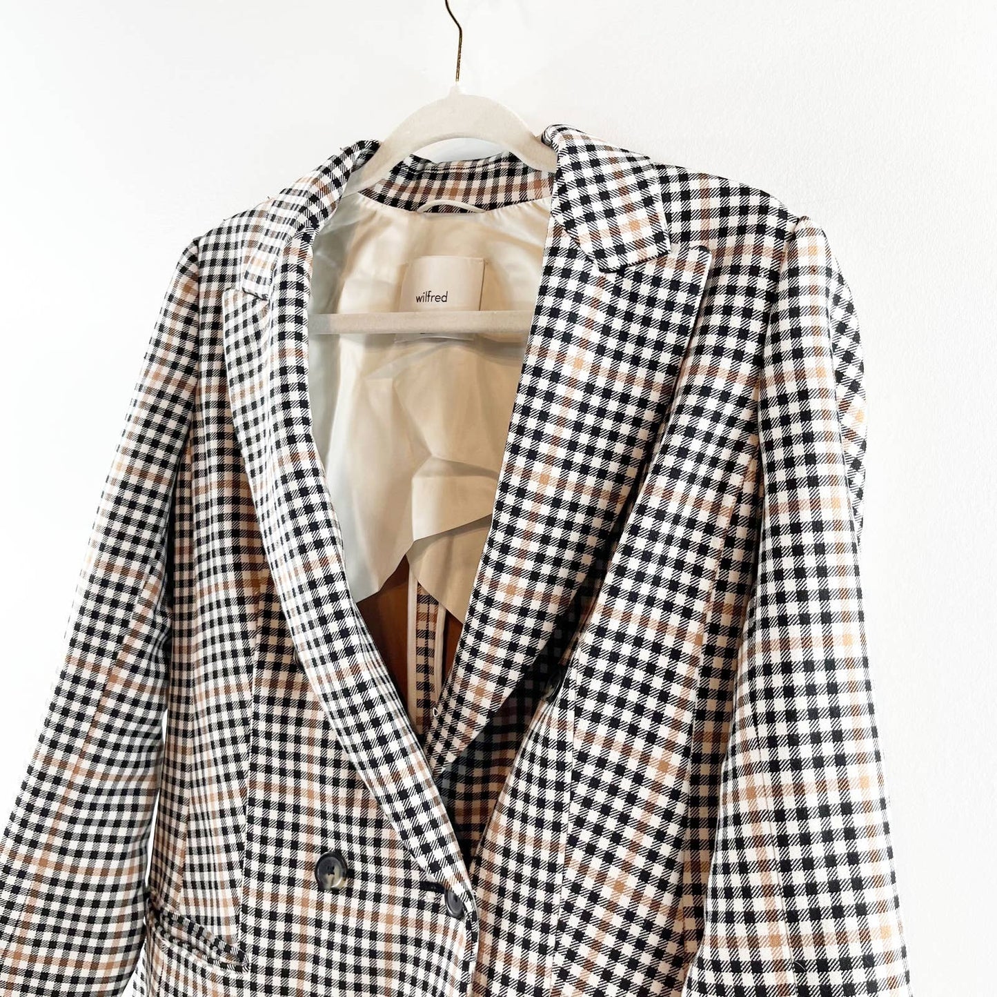 Wilfred Margaux Plaid Long Sleeve Double Breasted Blazer Jacket Tan Black 2