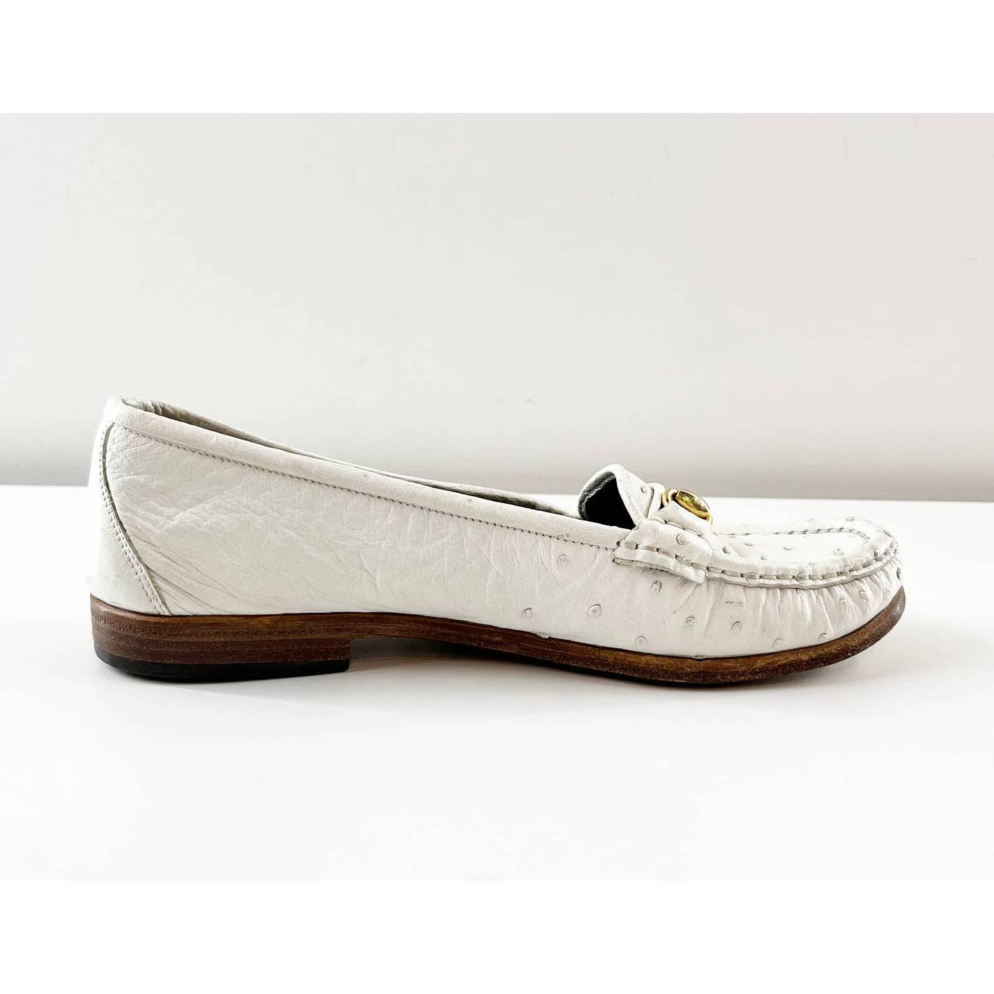 Gucci Vintage Horsebit Ostrich Leather Driving Loafers Flats White 36 / 6