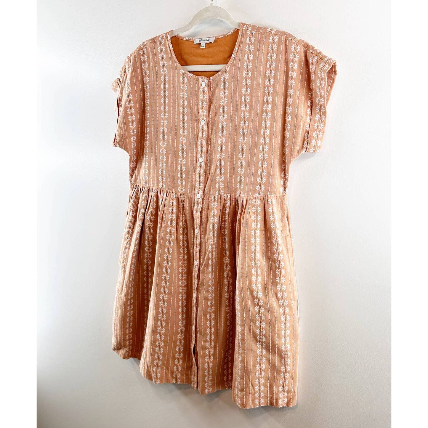 Madewell Embroidered Short-Sleeve Button-Front Mini Babydoll Dress Terracotta S