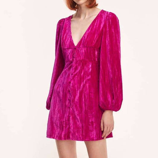 Cider Velvet Solid Long Bishop Sleeve Deep V Neck Mini Dress Hot Pink Medium NWT