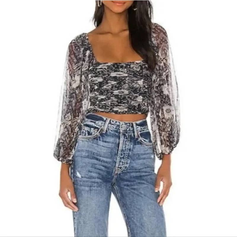 Free People Lilia Floral Ruched Bodice Balloon Sleeve Crop Top Navy Combo Small